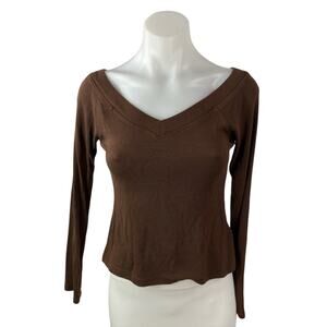 Urban Outfitters BDG Brown Ribbed Knit V Neck Long Sleeve Crop Sweater Top Sz L
